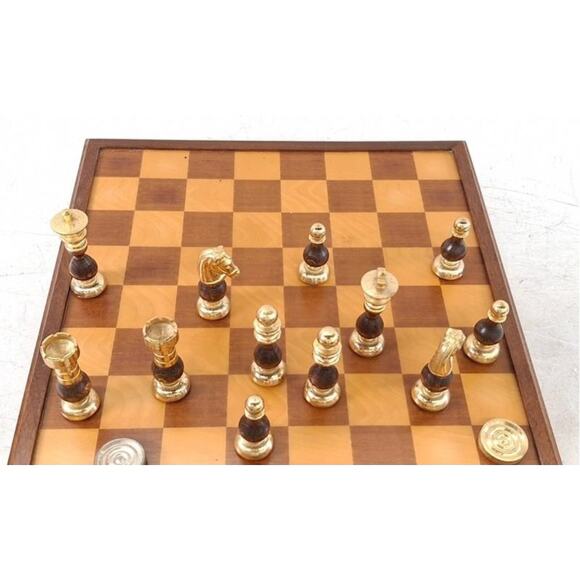 VINTAGE WOOD & METAL CHESS & CHECKER SET CASE DRAWER STORAGE SET - Picture 3 of 7